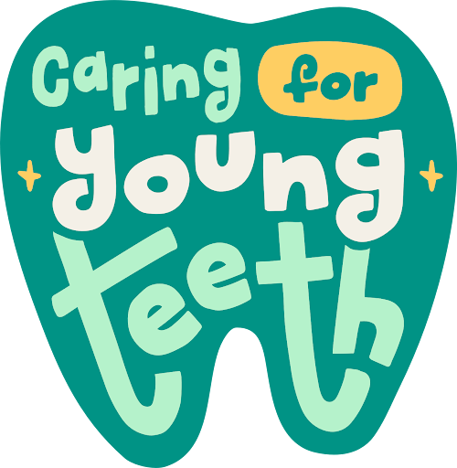 The outline of a teal tooth contains the words "Caring for Young Teeth"
